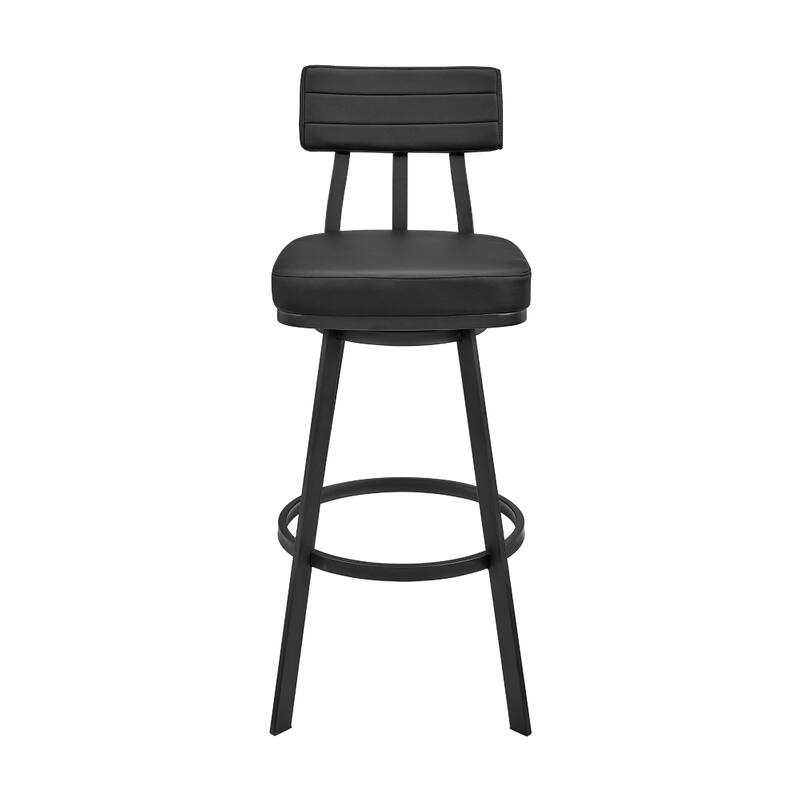 Poni Swivel Barstool Chair, Black Faux Leather, Iron Base