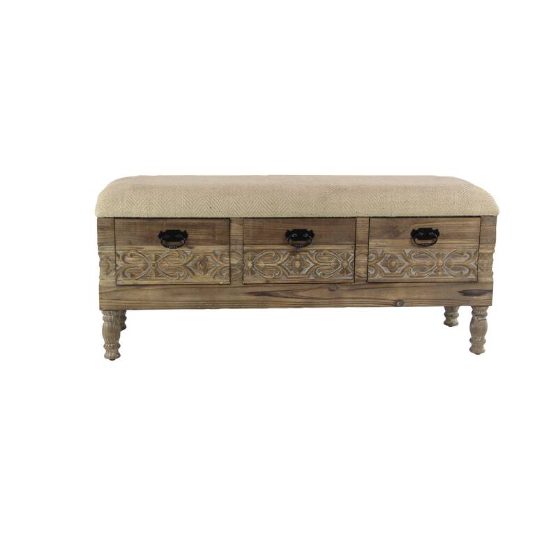 Brown Wood Intricately Carved Floral Storage Bench with Cream Burlap Top
