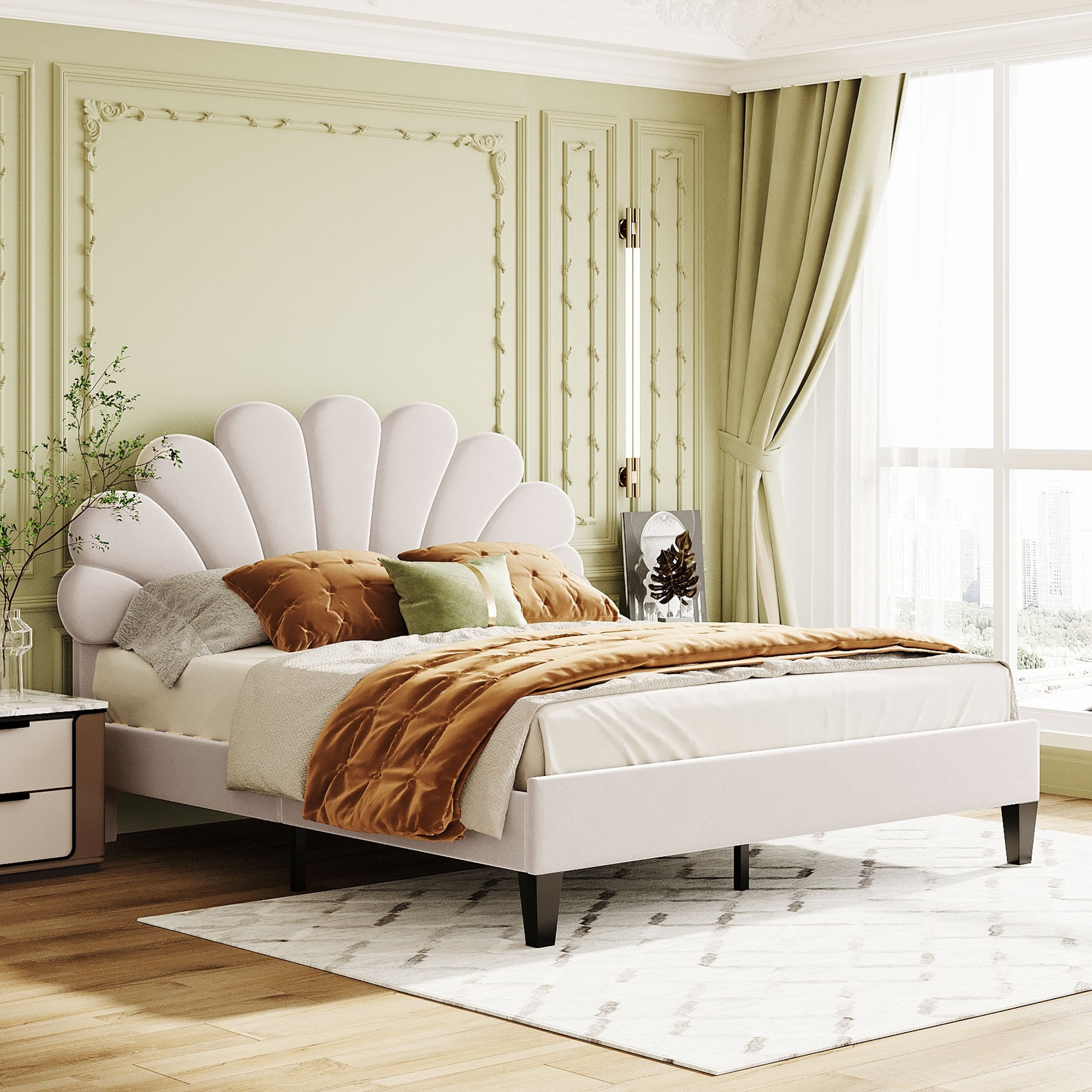 Velvet Upholstered Queen Size Platform Bed with Flower Pattern Headboard