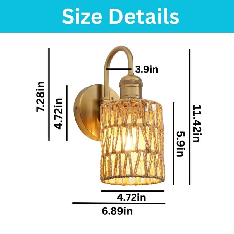 1 Light wall sconces gold wall lighting metal, rattan wall light fixture