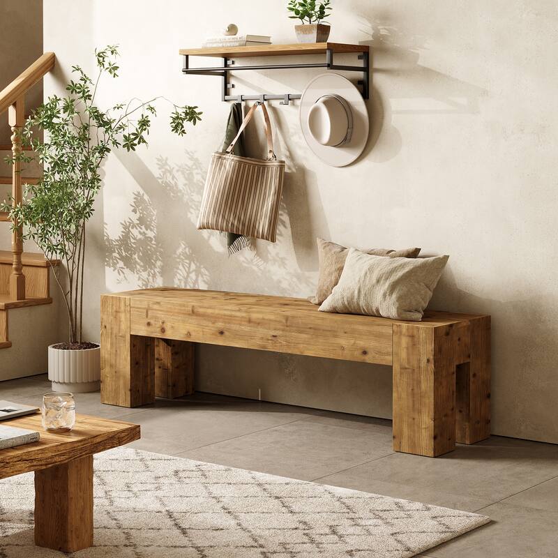 Solid Wood Bench, 47" Rustic Extra Long Heavy Duty Entryway Bench