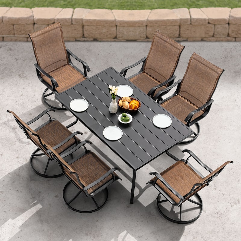 7-Piece Patio Iron Dining Set with Textilene Swivel Chairs, Brown and Black - Brown