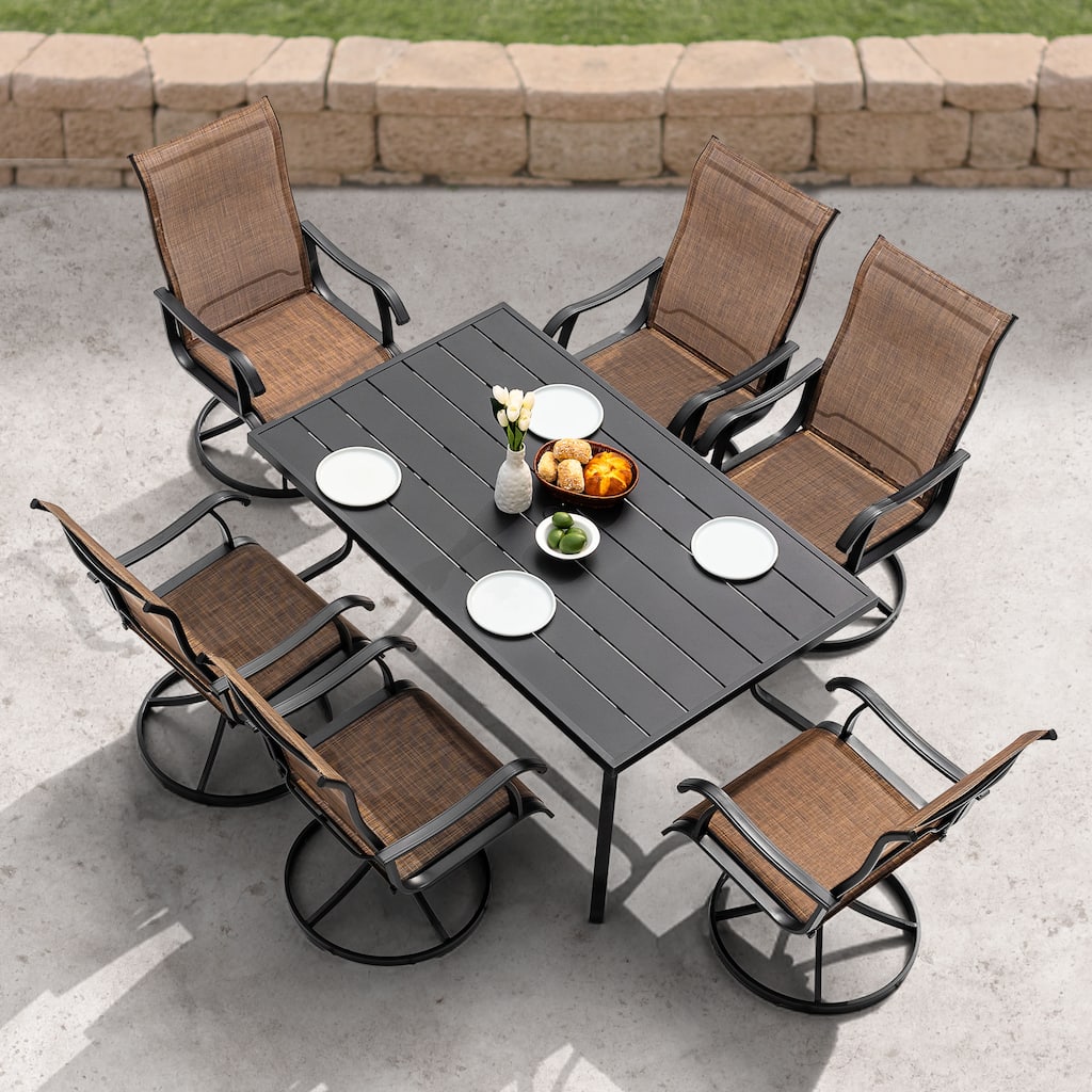7-Piece Patio Iron Dining Set with Textilene Swivel Chairs, Brown and Black
