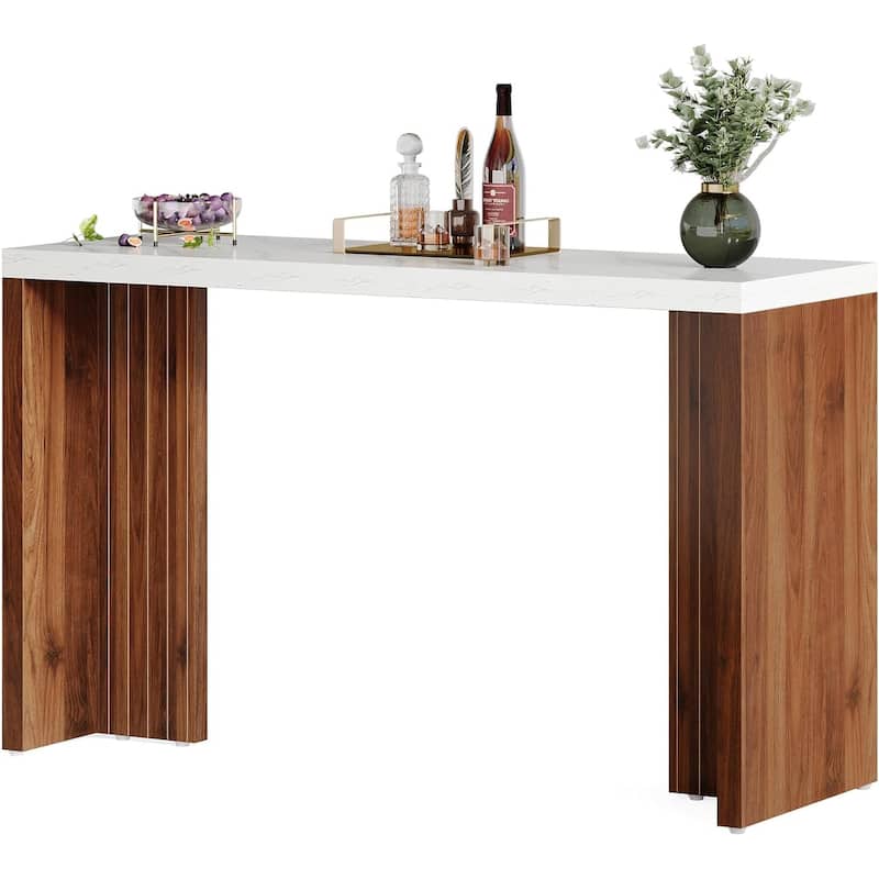 56" Modern Home Bar Table with Faux Marble Top, Walnut & White