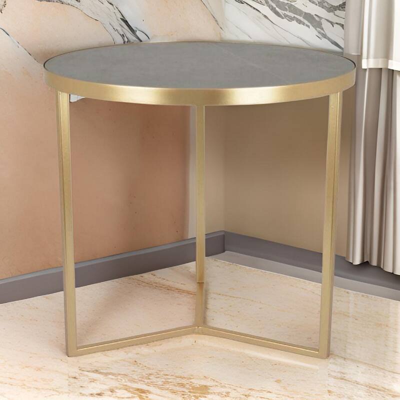 20 Inch Plant Stand Table, 3 Legged Metal Base, Gray Marble, Gold Finish