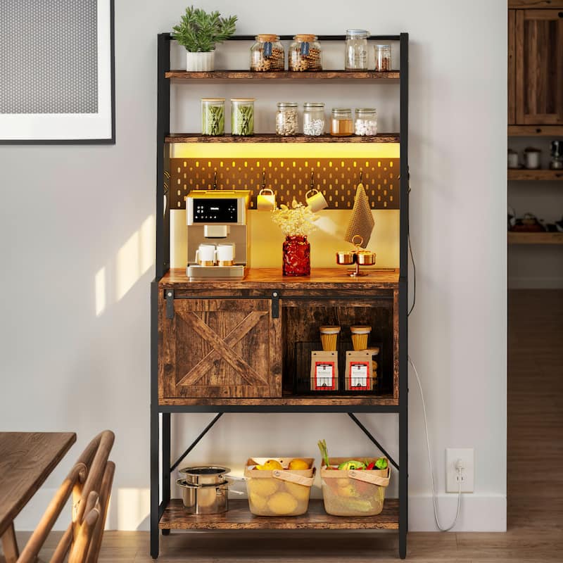 65" Tall Bakers Rack with Sliding Storage Drawer Barn Door & Shelf