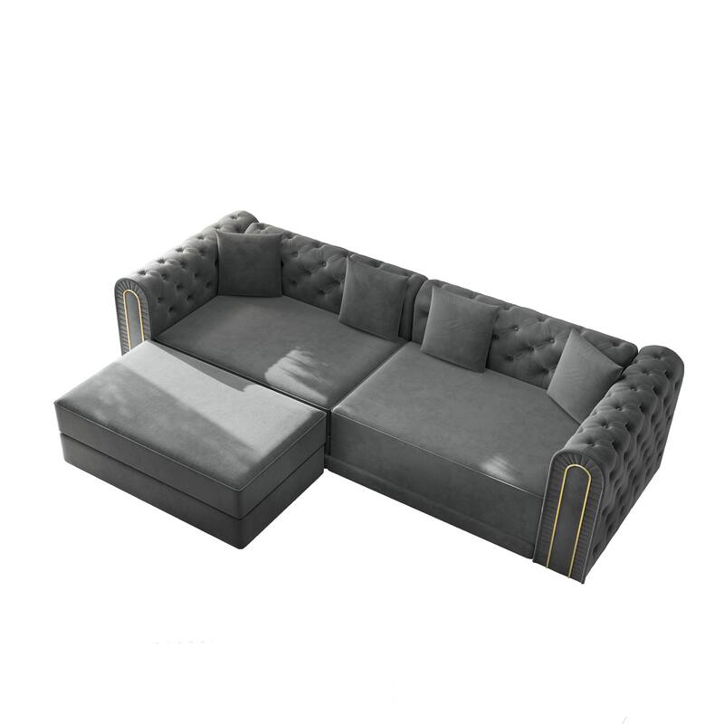 Homy Casa 90.6" 3-in-1 Convertible Sleeper Sofa with Button Tufted & Gold Trim, Movable Ottoman