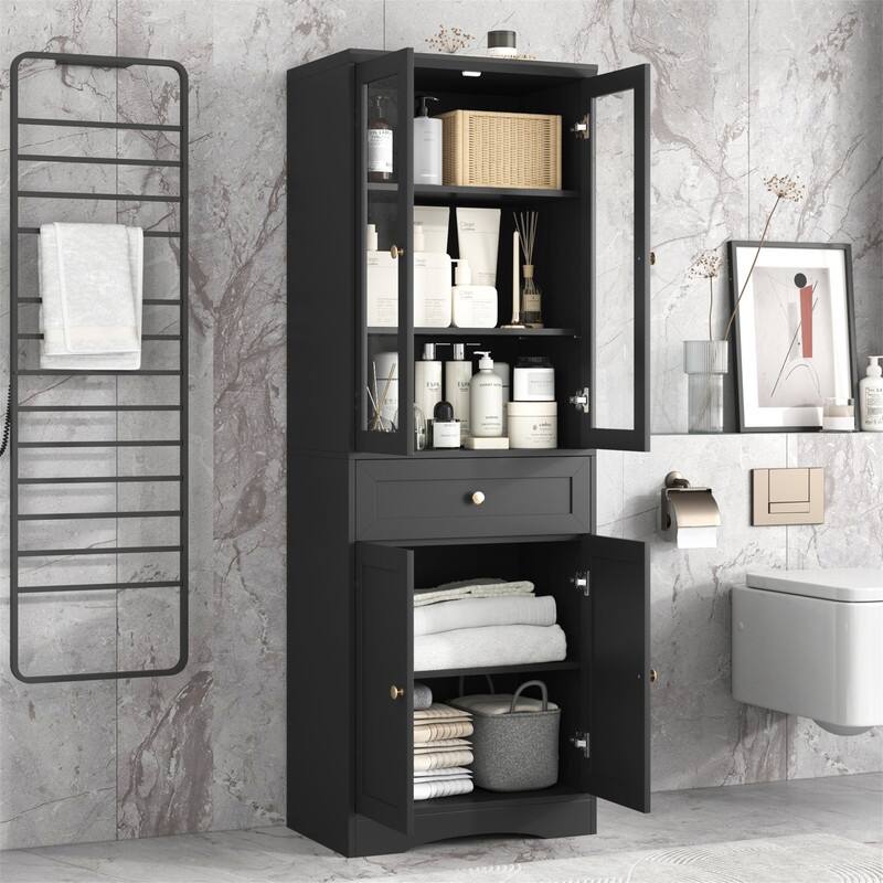 Freestanding Bathroom Storage Cabinet with 4 Doors and 1 Drawer, Tall Bathroom Floor Cabinet with Adjustable Shelf - Black