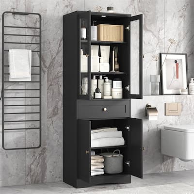 Freestanding Bathroom Storage Cabinet with 4 Doors and 1 Drawer, Tall Bathroom Floor Cabinet with Adjustable Shelf