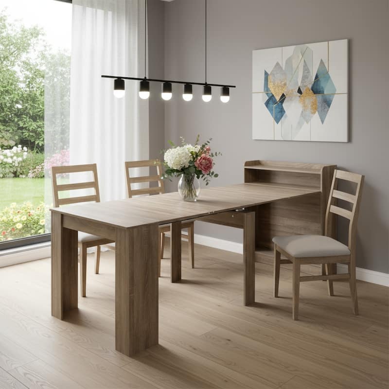 HomeRoots 98" Light Brown Wood Self-Storing Extendable Dining Table With Storage - 98.43 in. x 30.70 in. x 36.61 in. - Light Brown - 98.43 in. x 30.70 in. x 36.61 in.