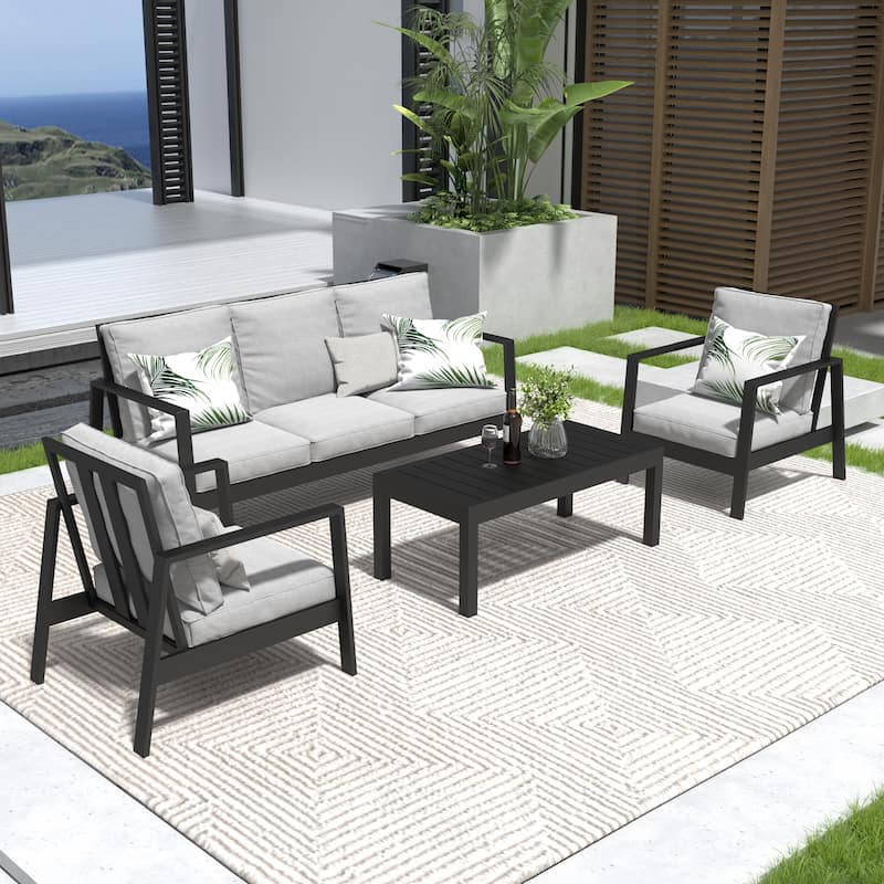 Aluminum 4-Piece Outdoor Sofa Seating Group With Cushions - Grey