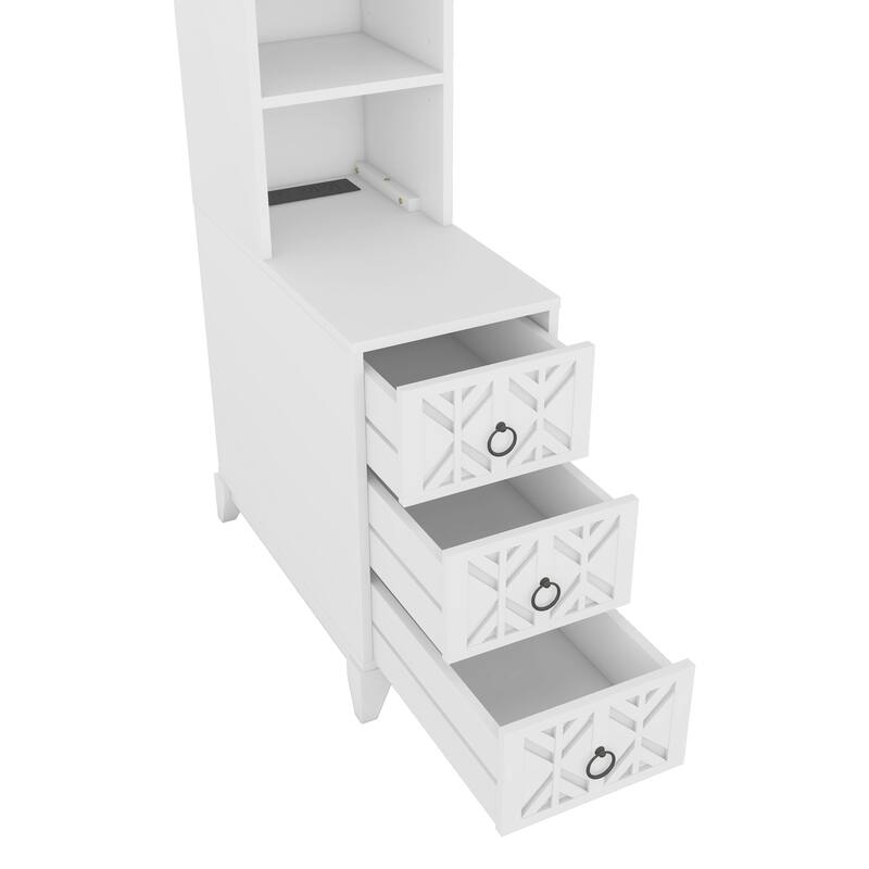 Tall Nightstand with Charging Station, Narrow Sofa Side Table with 3 Drawers & 2 Open Shelves, Solid Wood Entryway Accent Table