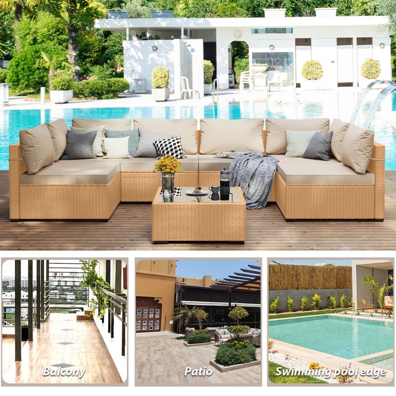 Patio Watcher 7-Piece Patio Yellow Wicker Sectional Seating Group with Cusions and Side Table