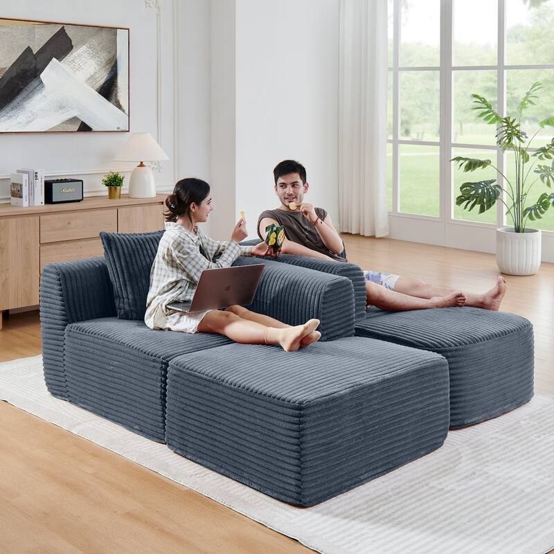 Corduroy Upholstered Couches L-shaped Sectional Sofa with Ottoman