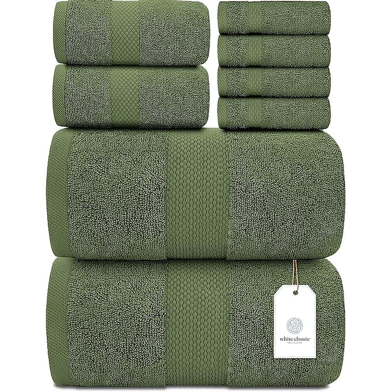 White Classic Luxury Cotton 8Pc Multi Size Towel Set [2 Bath Towels, 2 Hand Towels, 4 Washcloths] - Sage