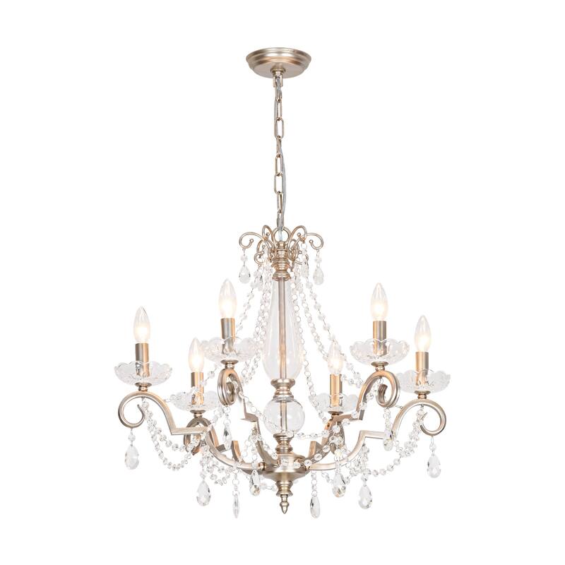25.2" W Modern Luxury Crystal Beaded 6-Light Chandelier with Vintage Silver Finish and Candle Arms
