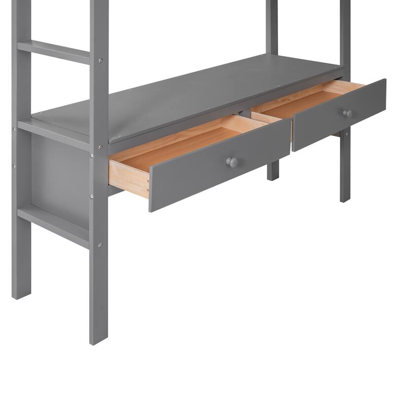 Pine Wood Loft Bed with Built-in Desk, Drawers, and Storage