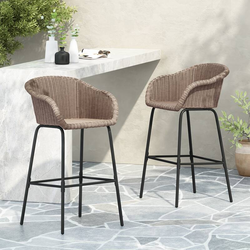 Roomfitters Ladd Outdoor Metal Wicker Barstools with Integrated Footrest, Set of 2