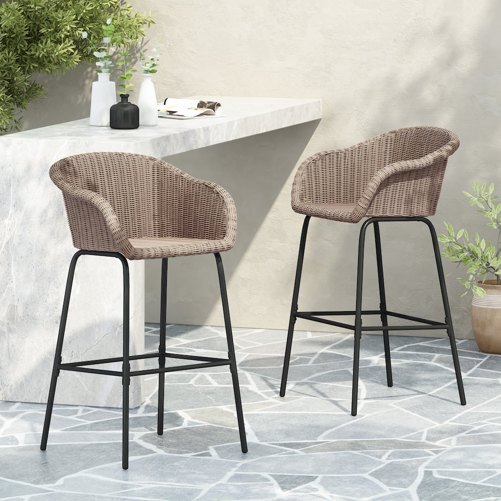 Roomfitters Ladd Outdoor Metal Wicker Barstools with Integrated Footrest, Set of 2