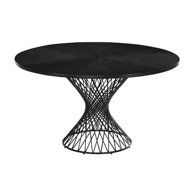 54 Inch Round Wooden Dining Table with Intricate Metal Base, Black