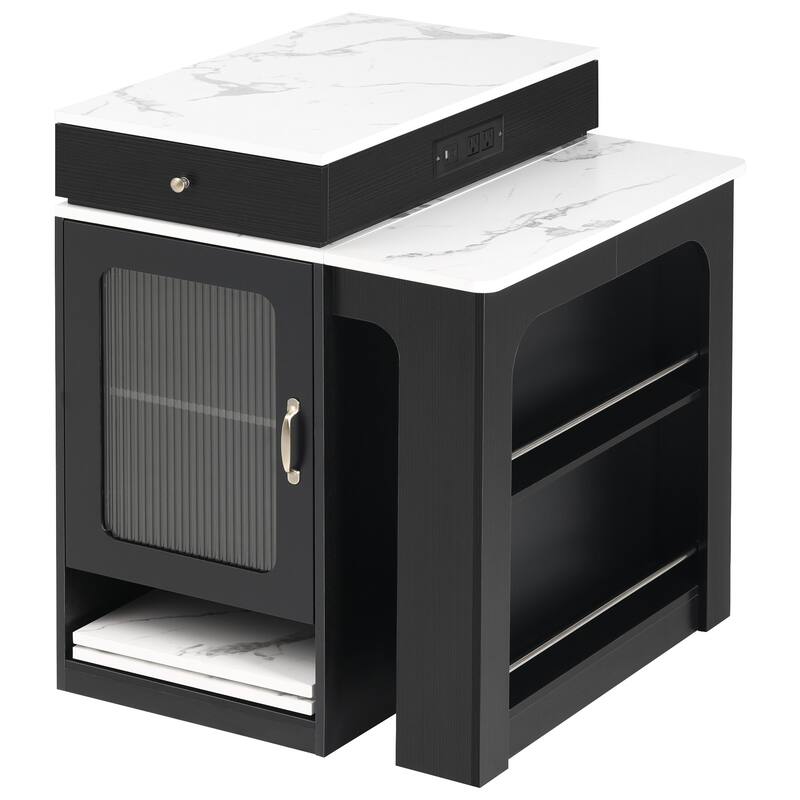 Kitchen Island with Extendable Dining Table, Kitchen Storage Table with 2 Drawers, Power Outlet, Open Shelves, for Diningroom