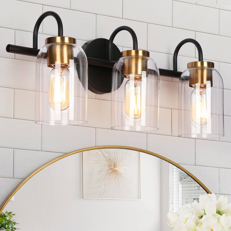 Modern Classic 3-Light Black Bathroom Vanity Light Fixture Gold Brass Wall Sconces with Cylinder Glass - 21" L x 6.5" W x 9" H