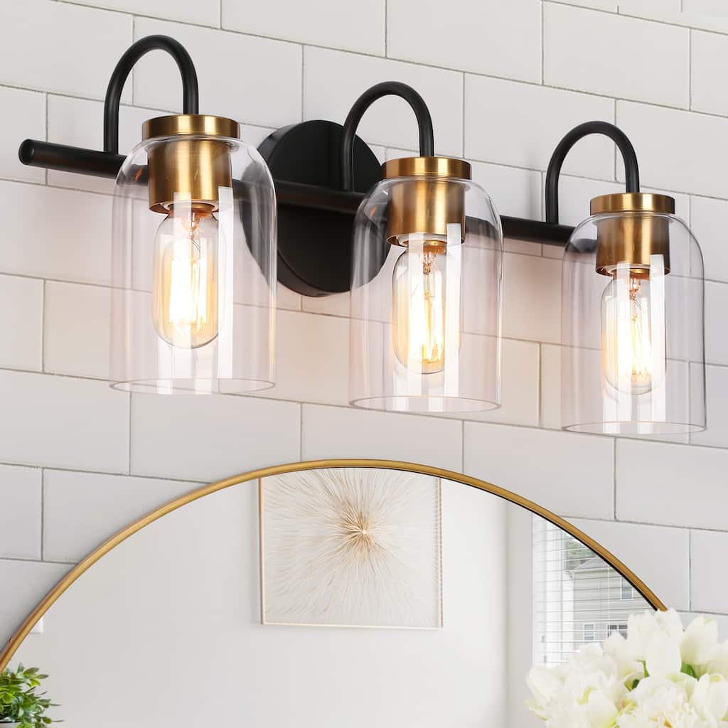 Modern Classic 3-Light Black Bathroom Vanity Light Fixture Gold Brass Wall Sconces with Cylinder Glass - 21" L x 6.5" W x 9" H