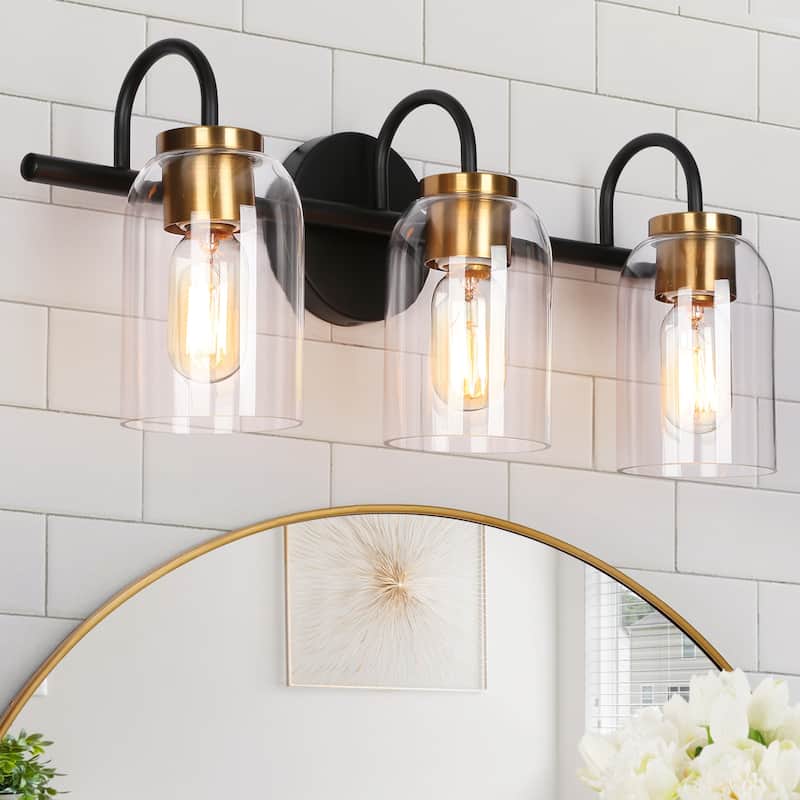 Modern Industrial 3-Light Black Brass Wall Light Clear Glass Vanity Light Fixture for Bathroom