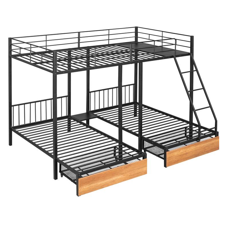 Full Over Twin and Twin Metal Triple Bunk Bed with Two Pull-out Drawers and Guardrails