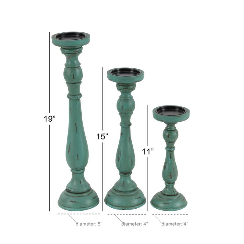 Teal Wooden Distressed Turned Decorative Candle Holder (Set of 3)