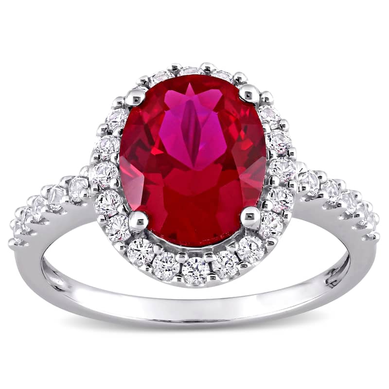 Miadora 10k White Gold Oval-cut Created Ruby and Created White Sapphire Halo Engagement Ring