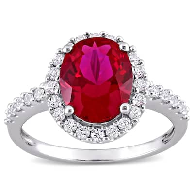 Miadora 10k White Gold Oval-cut Created Ruby and Created White Sapphire Halo Engagement Ring
