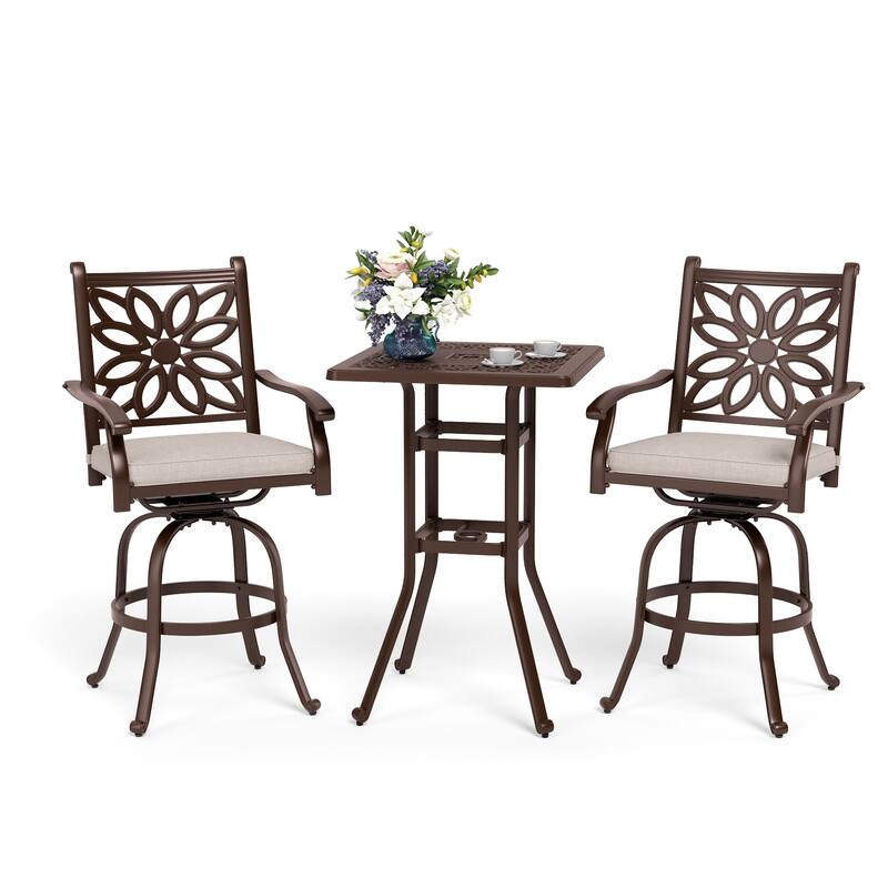 MAISON ARTS 3-Piece Cast Aluminum Patio Bar Stool Set of 1 Bar Table & 2 Swivel High Bar Stools - Square Table