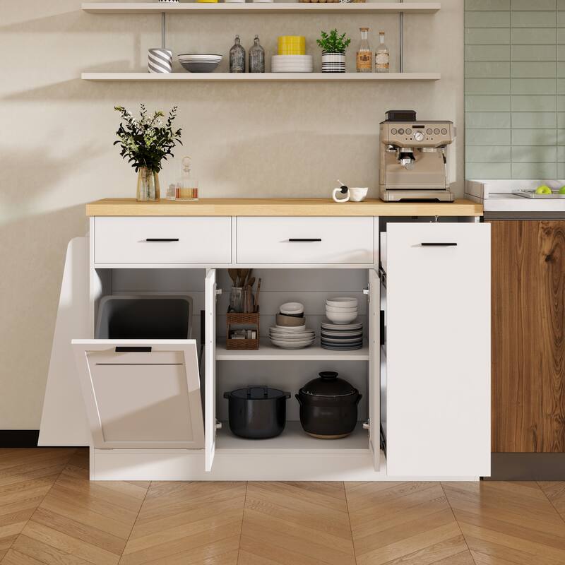 Kitchen Island, Multi-Functional Kitchen Sideboard - Storage Cabinet with Trash Can Holder, Sliding Door & 3-Tier Spice Rack - White