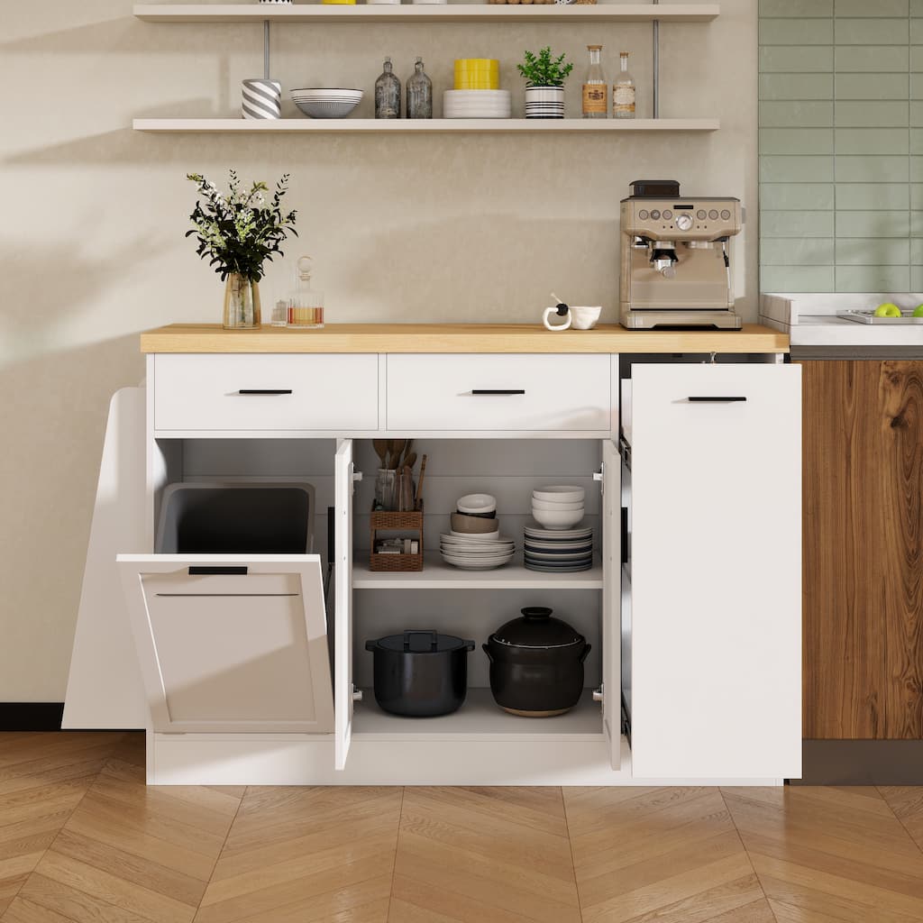 Kitchen Island, Multi-Functional Kitchen Sideboard - Storage Cabinet with Trash Can Holder, Sliding Door & 3-Tier Spice Rack