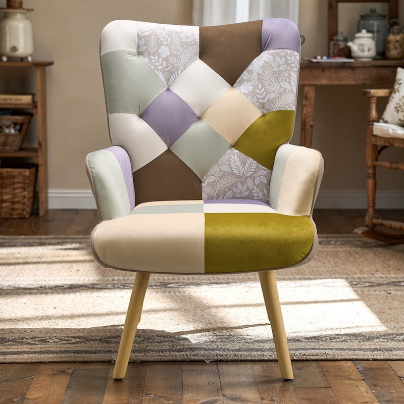 Upholstered Wingback Accent Chair with Rubberwood Legs & Levelers