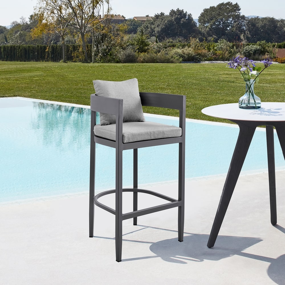 Menorca Outdoor Patio Counter or Bar Height Bar Stool in Aluminum with Grey Cushions