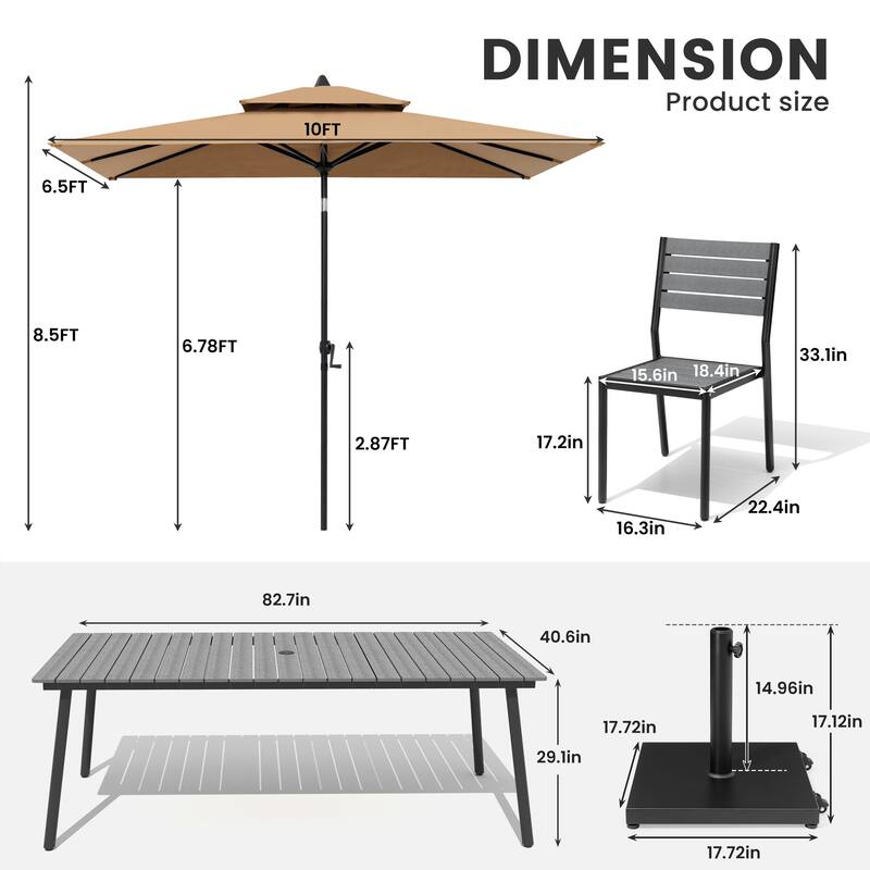 11-Piece Outdoor Dining Set Aluminum Table and 8 Stackable Chairs w/ 10 ft Umbrella and Base Stand