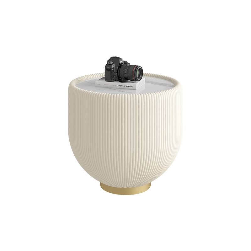 Modern Light Marble Top Cup Shape Leather Edge Coffee Sofa Side Table - Beige+Gold-19.69"