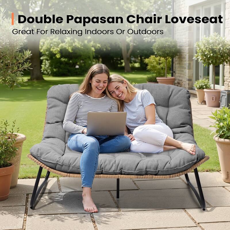 Double Papasan PE Rattan Chair Loveseat with Cushion For Indoor Outdoor