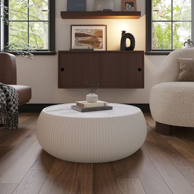 27.55" Round Coffee Table, Faux Marble Top Drum Shape Low Coffee Table, Modern Center Table with Leather Frame for Living Room