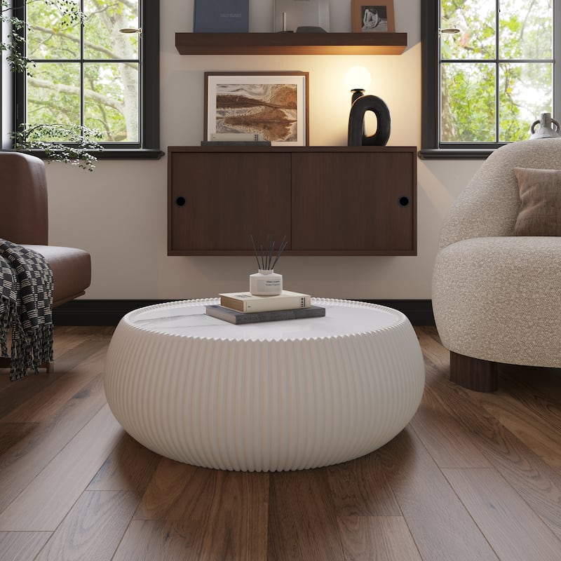 GDFStudio - Sintered Stone Top Upholstered Drum Coffee Table with Grey Pattern Round Design - Cream White