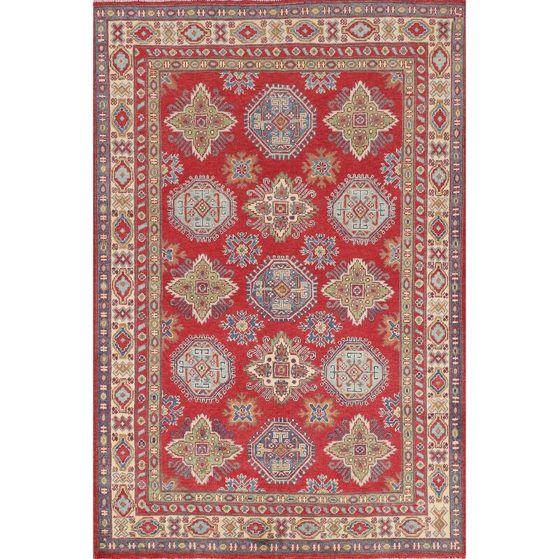 Red Geometric Kazak Area Rug Bedroom Hand-Knotted Wool Carpet - 4'8" x 7'2"