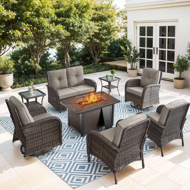 Gymojoy 7-Piece Patio Set with Glider Loveseat, Swivel Chairs & Fire Pit Table for Backyard, Garden