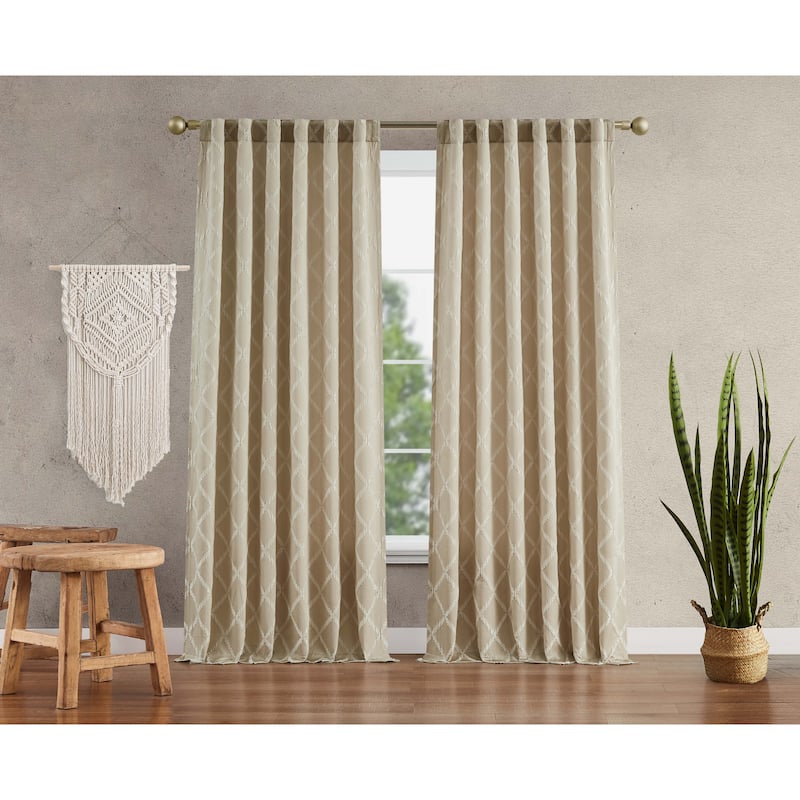 Jessica Simpson Lynee Textured Diamond Patterned Blackout Back-Tab Window Curtain Panel Pair with Tiebacks