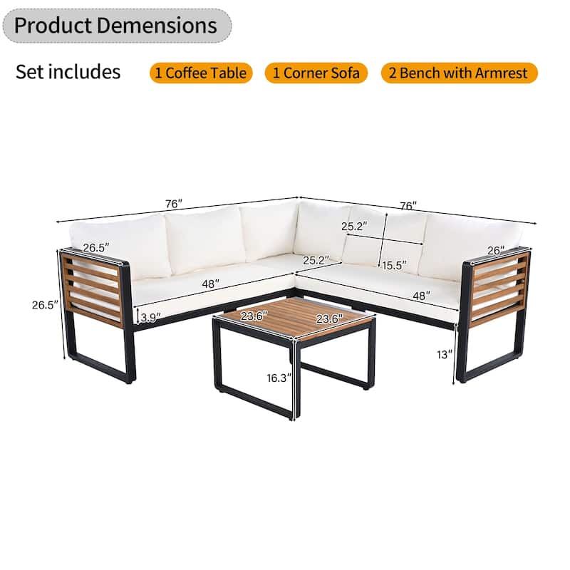 4 Pieces Outdoor Patio Conservation Set, Metal and Wood Frame Sectional L-shaped Sofa with Soft Cushion and a Coffee Tables