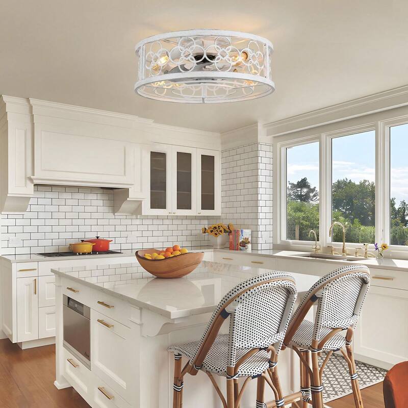 Cusp Barn 20 Inch Distressed White Ceiling Fan, Low Profile 6-Light Light Fixture, Caged Bladeless Flush Mount Fans for Bedroom