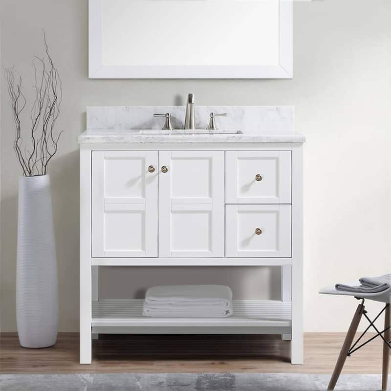 BATHLET White 36 inches Bathroom Vanity with Marble Top and Open Shelf
