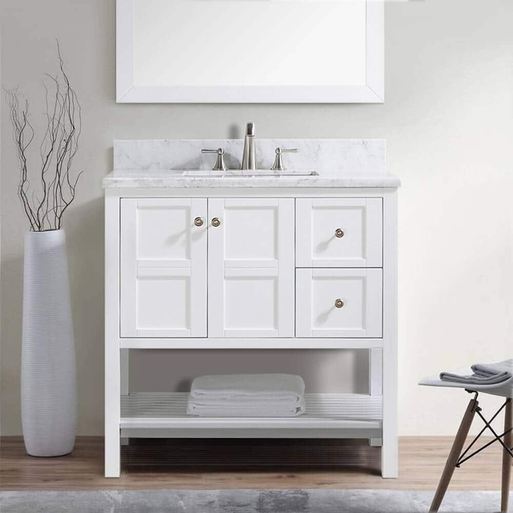BATHLET White 36 inches Bathroom Vanity with Marble Top and Open Shelf