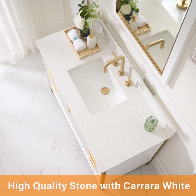 35''H Solid Wood Bathroom Vanity With Carrera White Quartz Top and Sink,White
